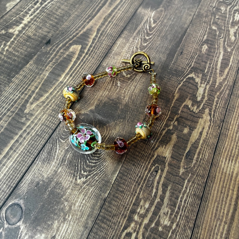 Handcrafted Lampwork Glass Beaded Bracelet Floral Toggle Clasp Boho Chic